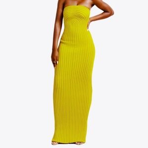 Hanifa Strapless Ribbed Maxi Dress in Mustard